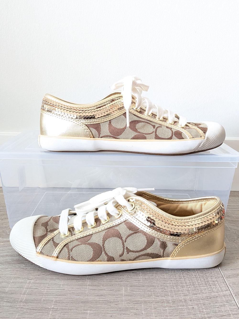 Y2K Coach Gold White Monogram Signature Canvas Zorra Sequins Sneakers 7 - Picture 2 of 7